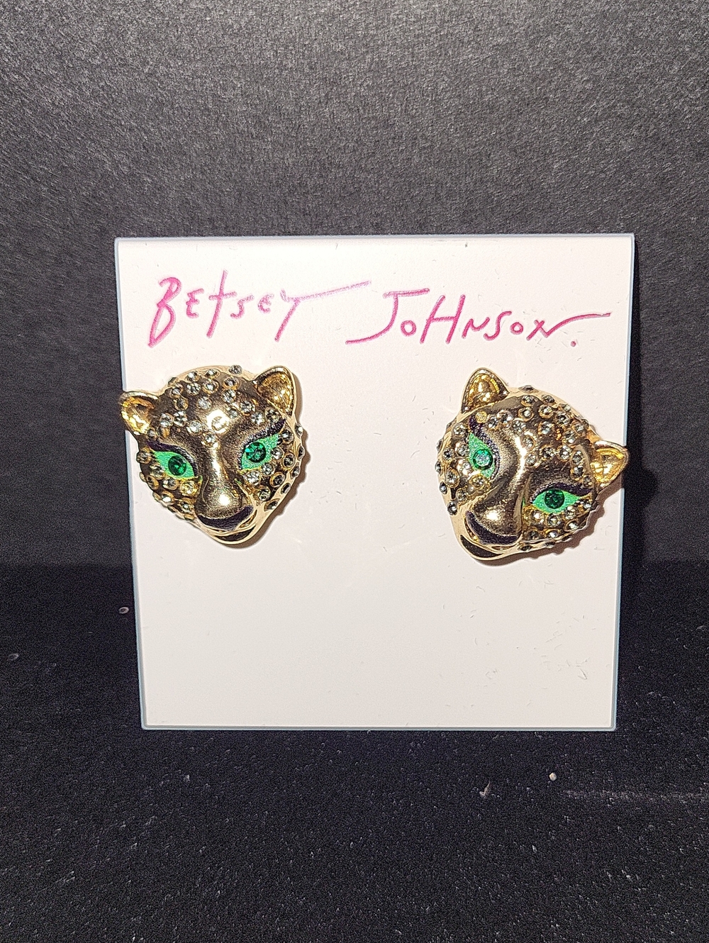 Betsey Johnson Gold Leopard Head Stud Earrings with Green Eyesgem Detail Te